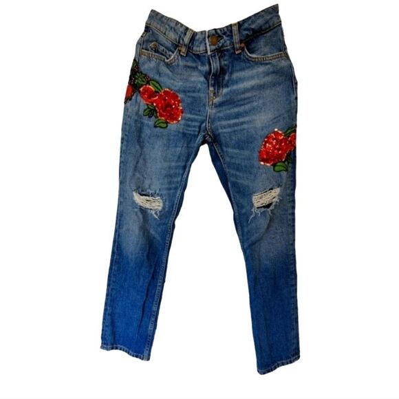 Zara Basic Floral Embroided Denim Pants with Floral Sequin Design Size 00 - Picture 1 of 8